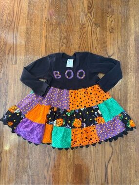 Girls' Y2K Vintage Halloween Patchwork 'BOO' Dress - Black & Orange